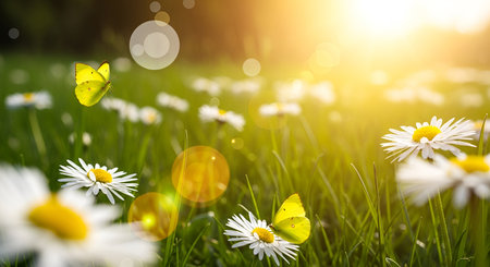 A vibrant scene of a sun-drenched meadow filled with white daisies and lush green grass. Two bright...