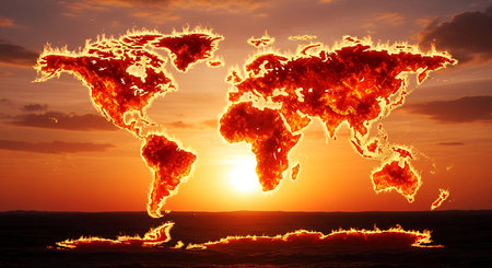 a silhouette of the world map is depicted as if it is burning with intense orange and red...の写真素材
