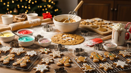 Christmas baking background with gingerbread cookies, rolling pin, rolling pin, cookie cutters,...