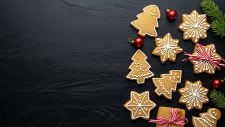 Christmas gingerbread cookies on black wooden background. Top view with copy space