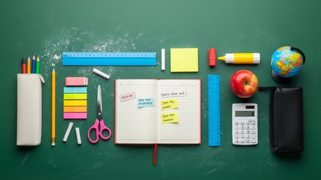 Back to school concept with school supplies on green chalkboard background.