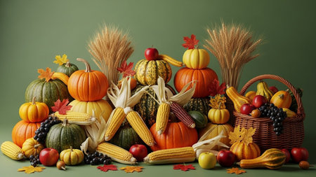 Autumn still life with pumpkins, apples and corn on green background