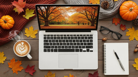 Autumn composition with laptop, cup of coffee, pumpkins and notebook on wooden background