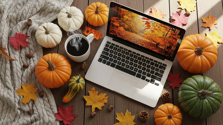Autumn leaves, pumpkins, coffee and laptop on wooden backgroundの写真素材