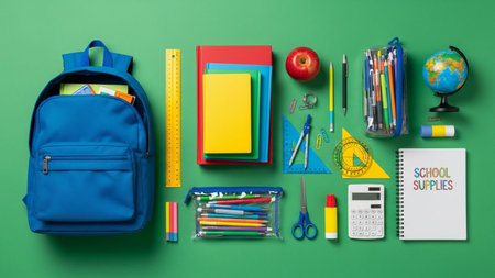 School supplies on green background, top view. Back to school concept