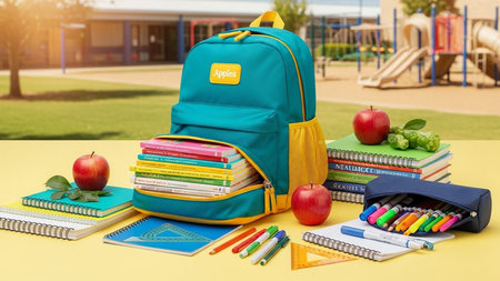 School backpack with stationery on table in school yard. Back to school concept