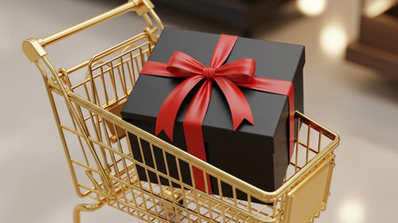 Shopping cart with gift box. 3d rendering. online shopping.