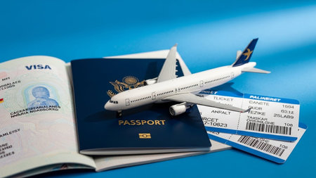 passport, airplane and boarding pass on blue background with copy space