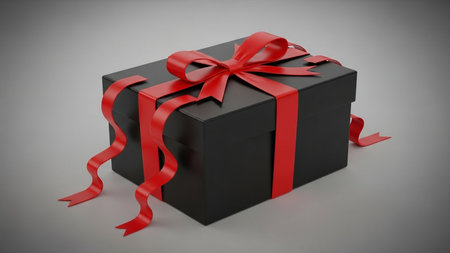 Black gift box with red ribbon on gray background. 3d render
