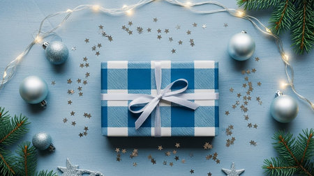 Blue gift box with white ribbon and christmas decorations on blue backgroundの写真素材