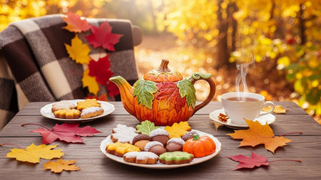 Autumn still life with cup of tea, pumpkin, cookies, autumn leaves on wooden table