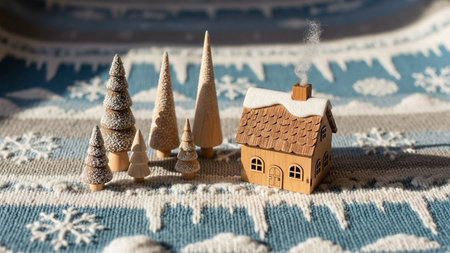 Miniature houses and Christmas trees on knitted background. Winter holidays concept