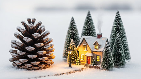 Christmas and New Year holiday background with toy house in the snow.の写真素材