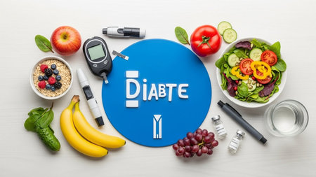 Glucose meter, fresh vegetables, fruits and plate with word diabetes, top viewの写真素材
