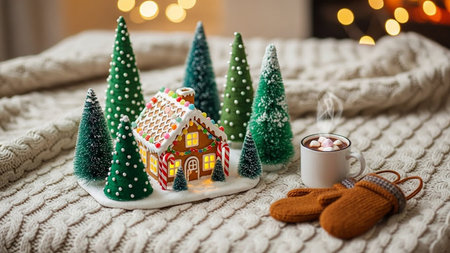 Christmas gingerbread house with a cup of hot chocolate on a knitted plaidの写真素材