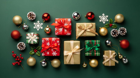 Christmas or New Year gift boxes with ornaments on green background