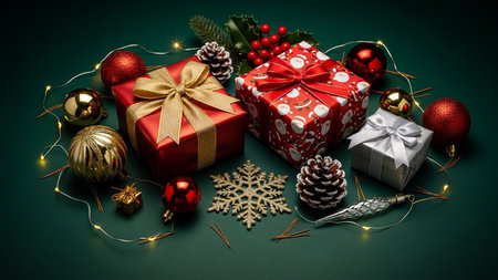 Christmas background with decorations and gift boxes on green background, top view