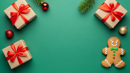 Christmas gift boxes and gingerbread man on green background. Top view with copy spaceの写真素材