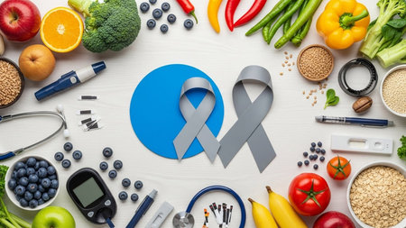 Top view of blue ribbon with world diabetes day awareness symbol, healthy food and medical equipment on white wooden tableの写真素材