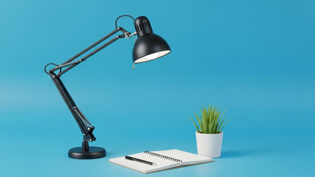 Desk lamp with notebook and plant on blue background. 3d renderingの写真素材