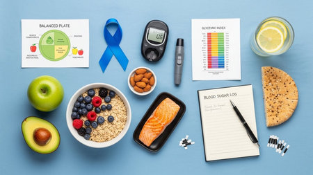 Healthy food and diabetes concept. Balanced diet with oatmeal, apple, blue ribbon, measuring tape, glucometer on blue backgroundの写真素材