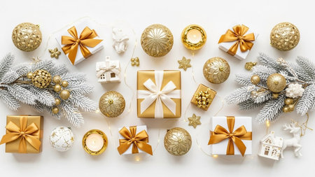 Christmas composition. Gifts, christmas decorations on white background. Flat lay, top view, copy...