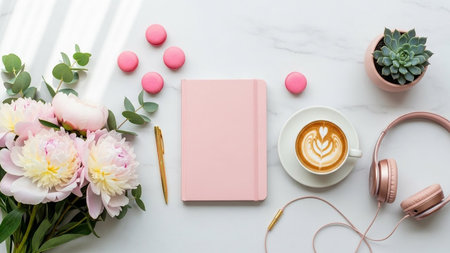Coffee cup with notebook and pink macaroons on white backgroundの写真素材