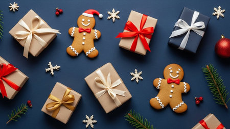 Gingerbread man and gift boxes on blue background. Christmas or New Year concept.の写真素材