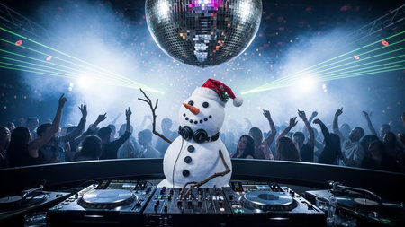 Snowman in front of a party crowd having fun at a nightclubの写真素材