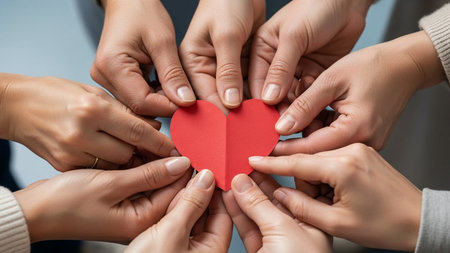Group of young people holding red paper heart in hands, closeupの写真素材