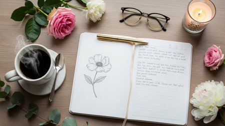 Notebook with pen, glasses, coffee and flowers on wooden tableの写真素材