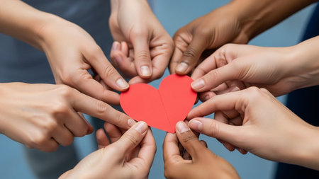 close up of people hands holding red paper heart over blue background with copy spaceの写真素材