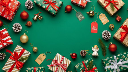 top view of christmas gifts and christmas decoration on green backgroundの写真素材