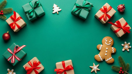 Christmas composition. Gifts, gingerbread man, christmas tree on green background. Flat lay, top view, copy spaceの写真素材