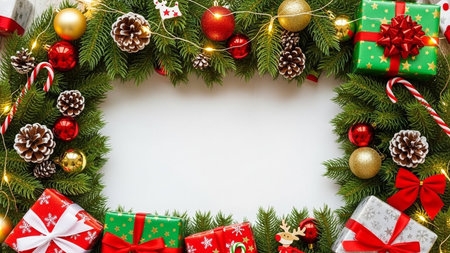 Christmas and New Year background with fir branches, gift boxes and decorations.の写真素材