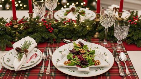 Christmas table setting with cutlery and green salad on red tablecloth