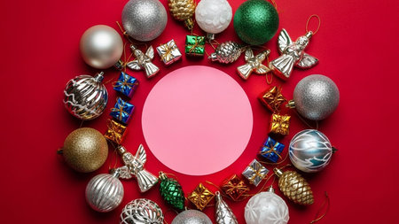 Christmas background. Christmas balls and decorations on red background. Flat lay, top view.の写真素材