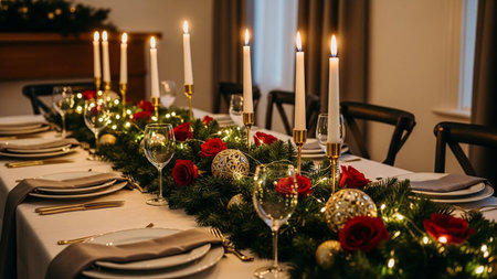 Festive table setting for christmas dinner with candles on the tableの写真素材
