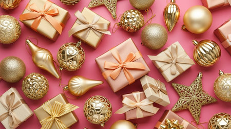Gift boxes and christmas decorations on pink background, flat lay