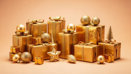 Golden christmas gifts and ornaments on a beige background