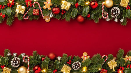 Christmas background with fir tree branches, baubles and decorations on red background