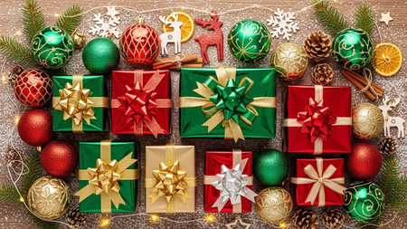 Christmas gift boxes and decorations on wooden background. Top view with copy space