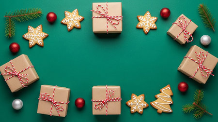 Christmas background with gift boxes and gingerbread cookies on a green background. Flat lay, top...