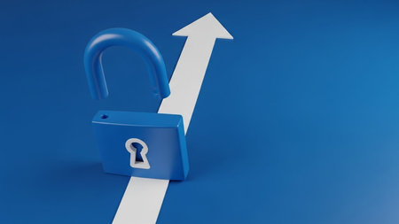 3d rendering of a blue padlock with white arrow on blue backgroundの写真素材