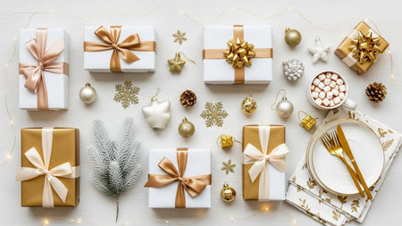 Christmas and New Year background. Festive table setting with gold and white gift boxes, cutlery, fir branches, golden snowflakes on white wooden background. Flat lay, top view.の写真素材