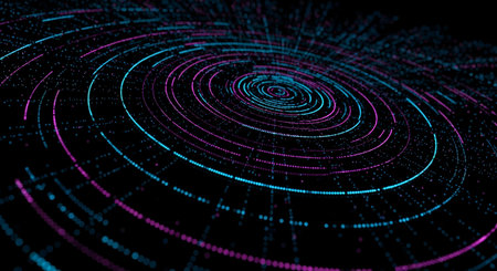 An abstract digital vortex created by concentric circles of glowing pink and blue particles against a dark background. The pattern suggests a flow of data or energy, with a sense of depth and movement emanating from the center.の写真素材