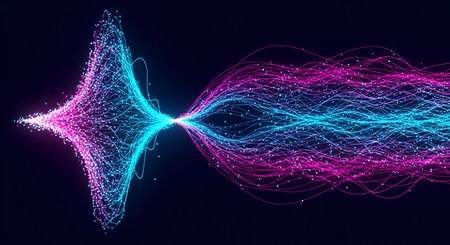 An abstract visualization of flowing lines and particles in vibrant pink and blue hues against a...