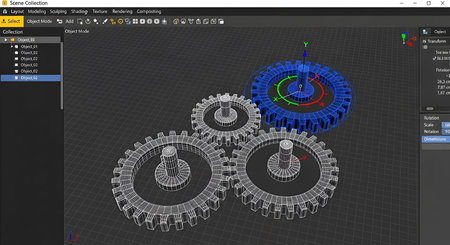 A 3D rendering of four interlocking gears displayed within a software interface. The gears are shown...