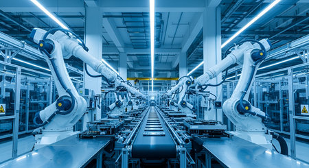 This image depicts a long, brightly lit factory assembly line populated with numerous white robotic...