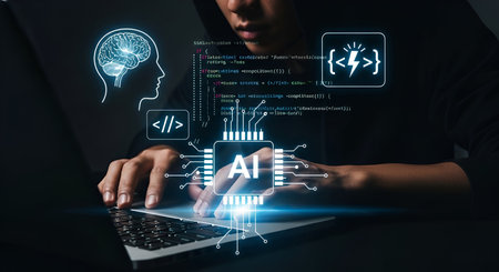 A person is shown typing on a laptop, with glowing holographic elements surrounding them. Prominent among these is a stylized AI chip with the letters "AI" at its center, connected to a circuit board design. Other icons represent a human brain, code snippets, and a lightning bolt, symbolizing artificial intelligence and its development.の写真素材